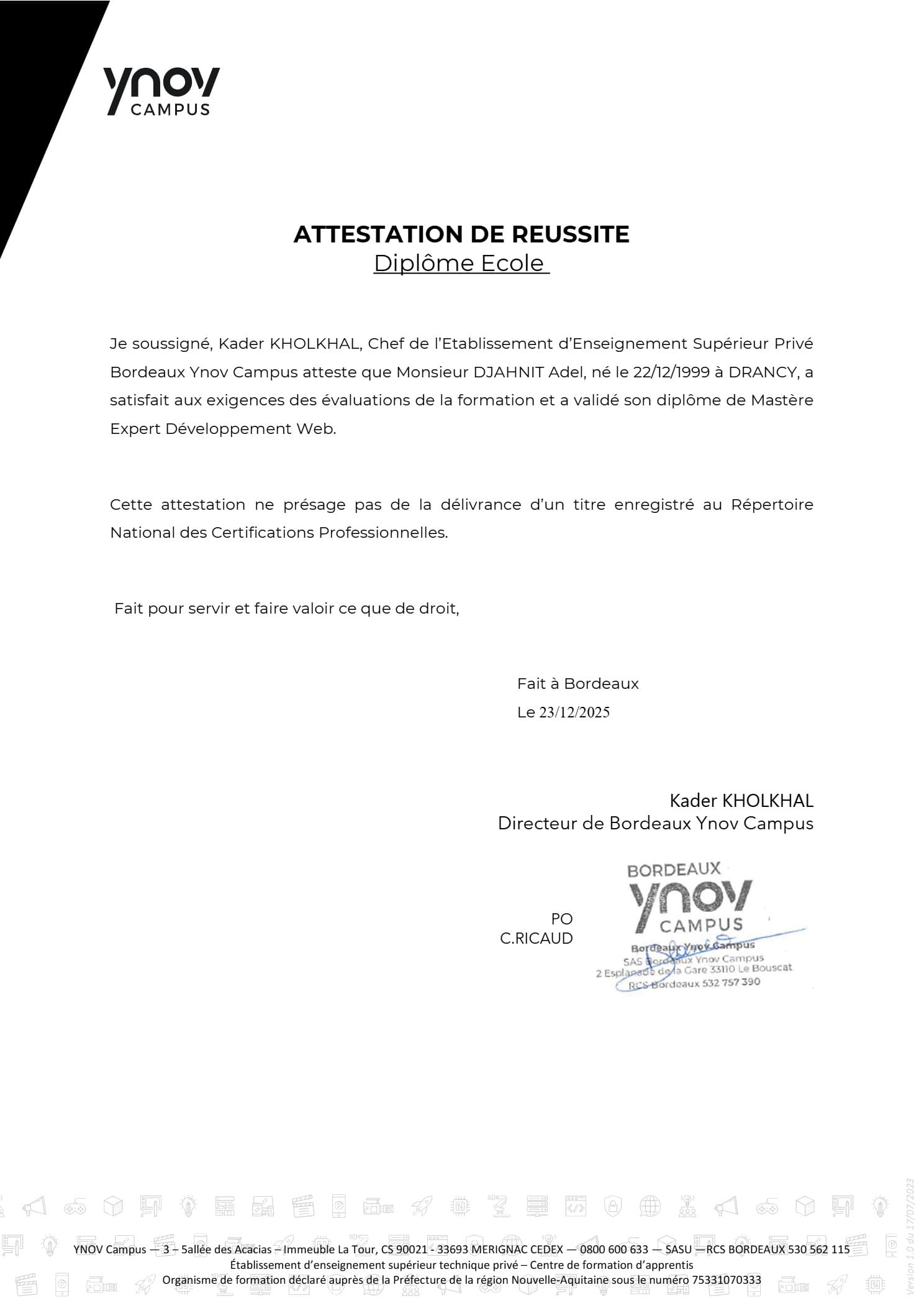 Attestation de réussite — Mastère Expert Développement Web, Bordeaux Ynov Campus